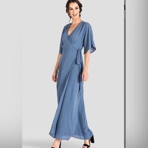 NWT Standards & Practices Olivia Slate Blue Chiffon Kimono Wrap Dress Medium